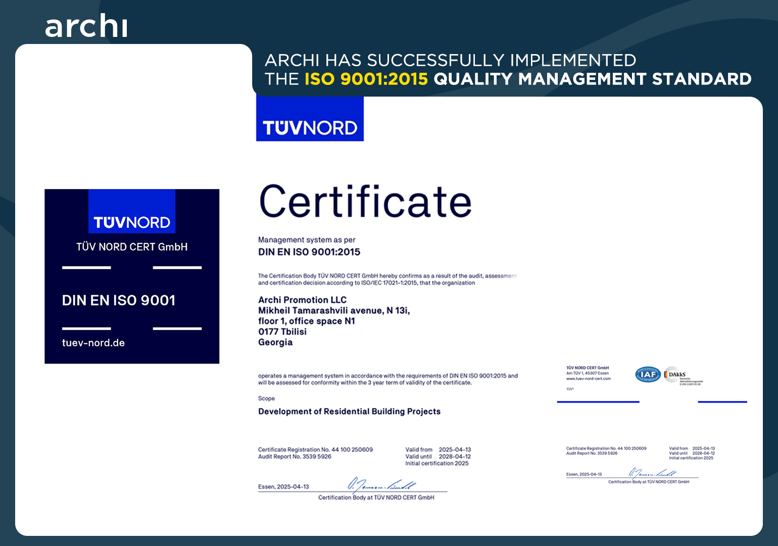 Archi Has Successfully Implemented the ISO 9001:2015 Quality Management Standard