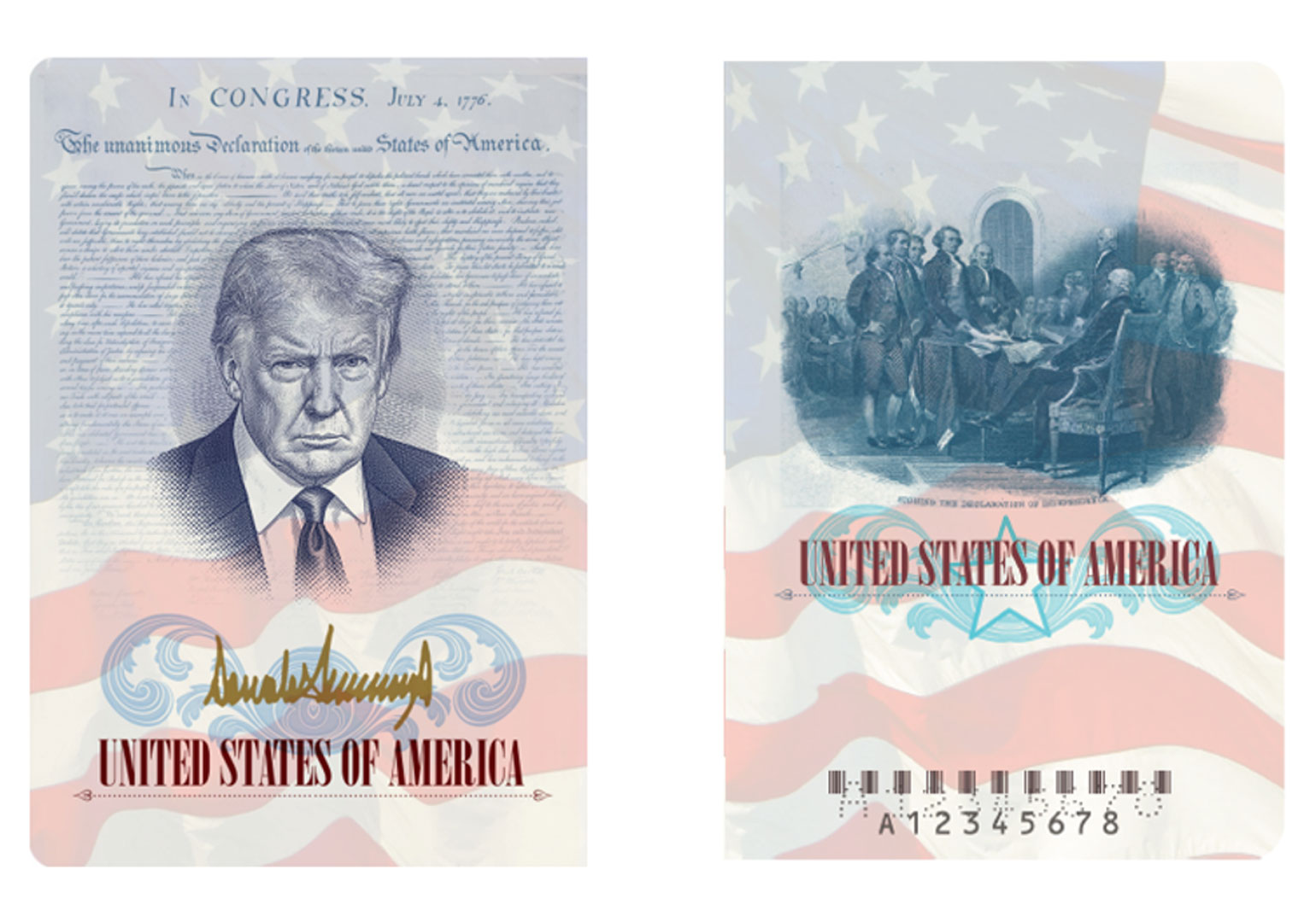 ტრამპის პორტრეტი და ოქროსფერი ხელმოწერა - ამერიკის ახალი პასპორტი